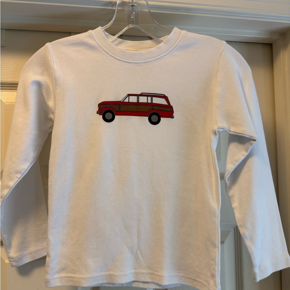 Hannah Kate White Long Sleeve Tee with Red Jeep Wagoneer Design